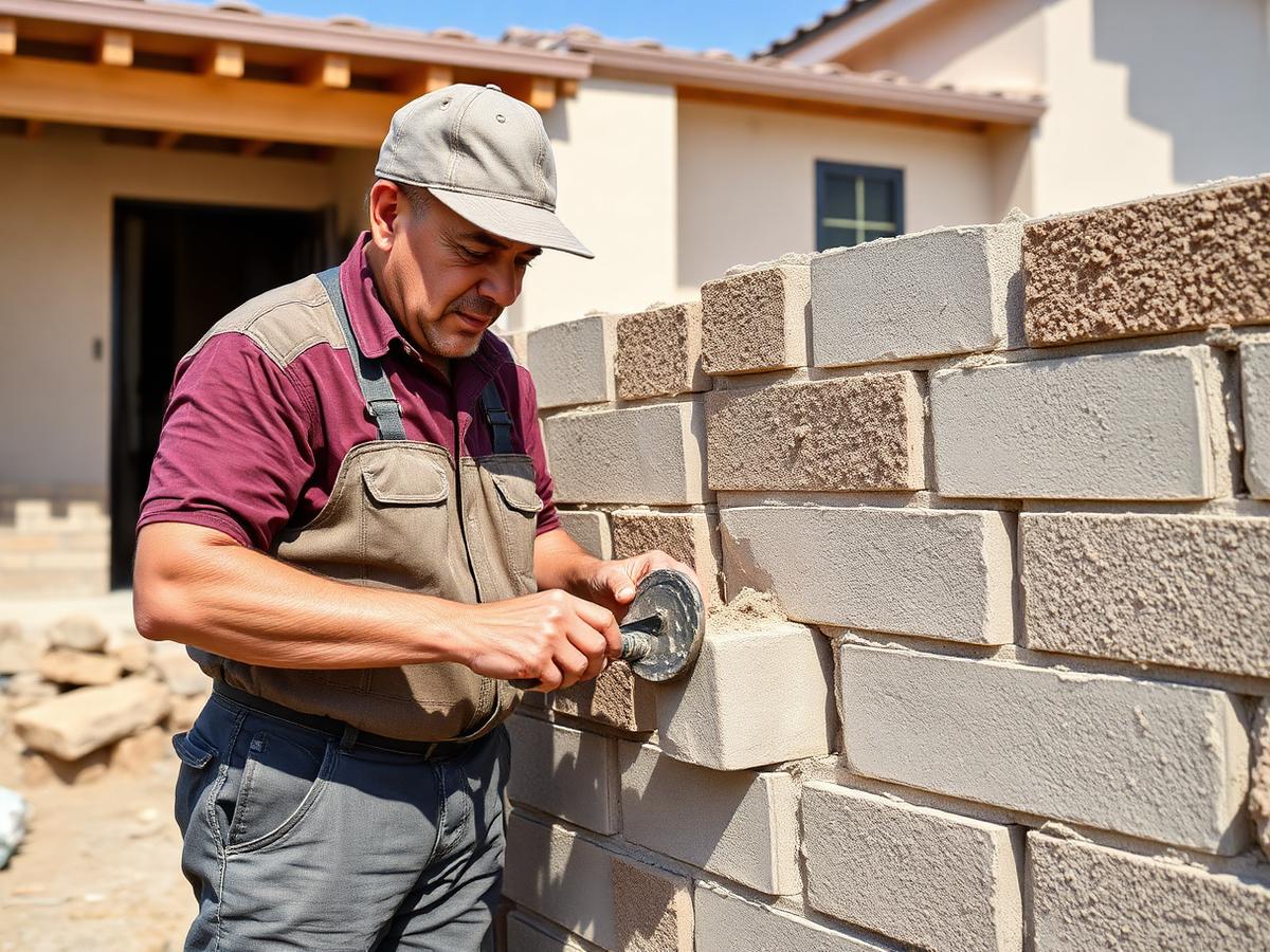 Albañil construyendo un muro de block con mezcla.