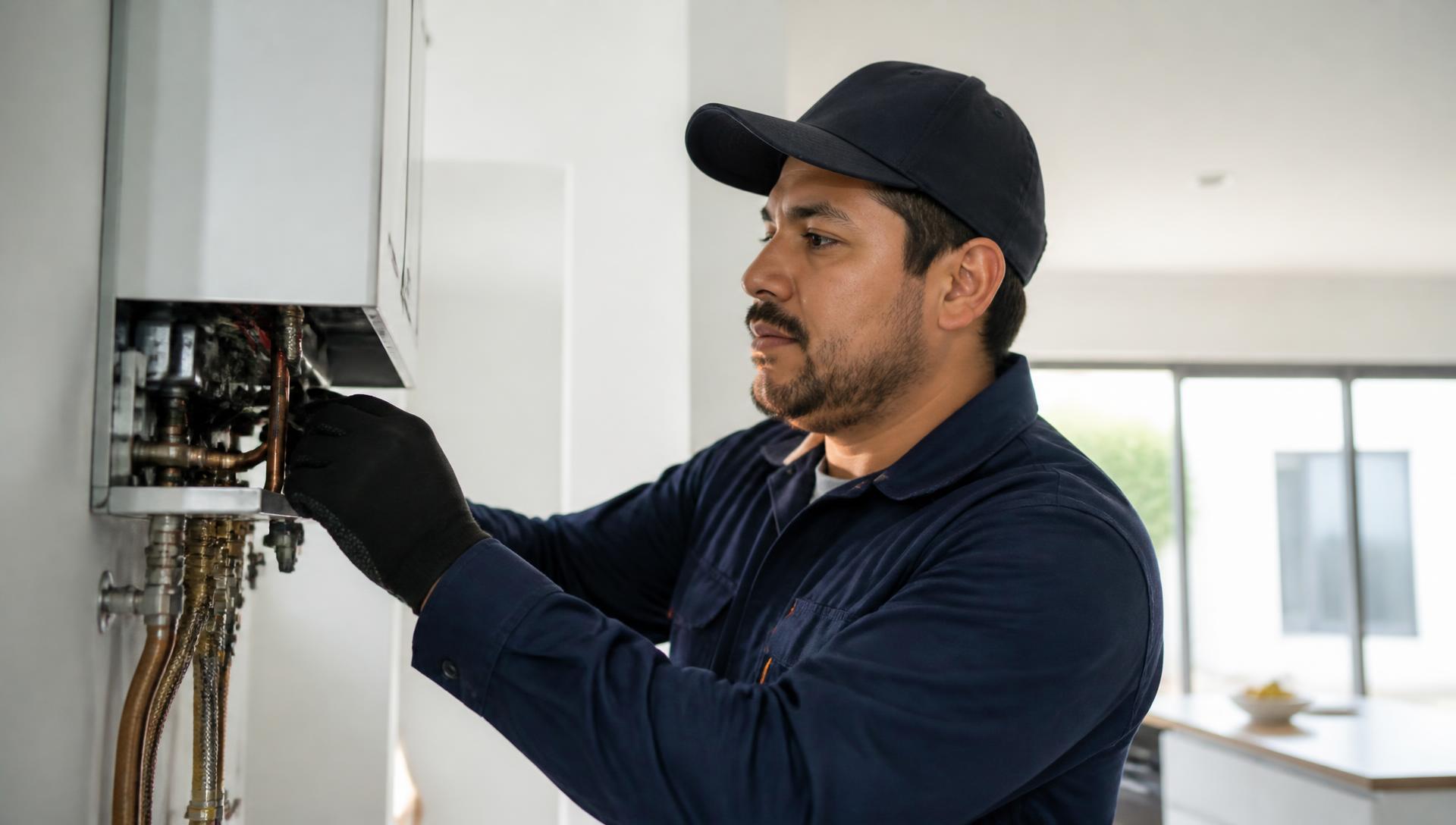 Técnico profesional de mantenimiento trabajando en el interior de una residencia moderna.
