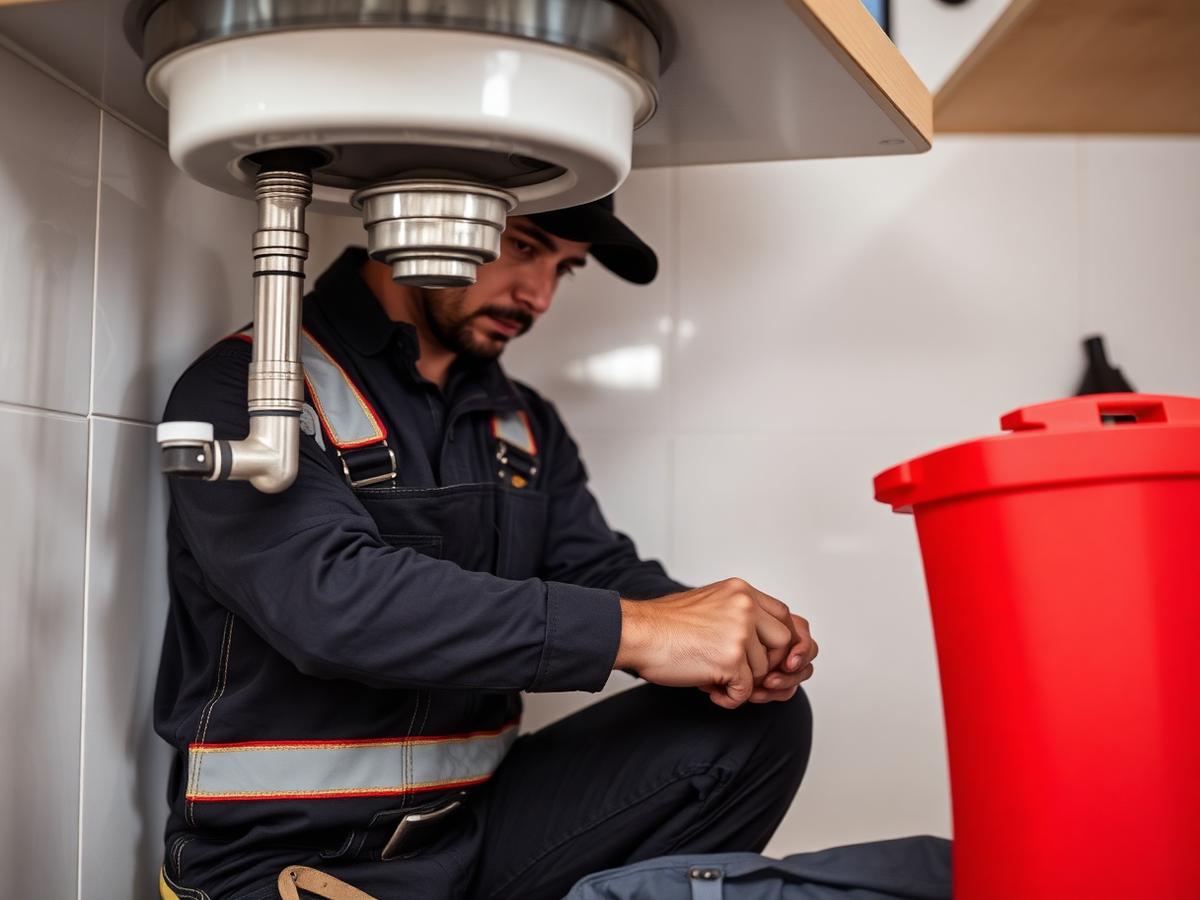 Plomero profesional reparando la tubería debajo de un lavabo.