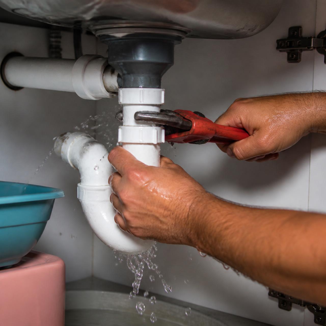 Reparación urgente de una fuga de agua debajo de un lavabo.